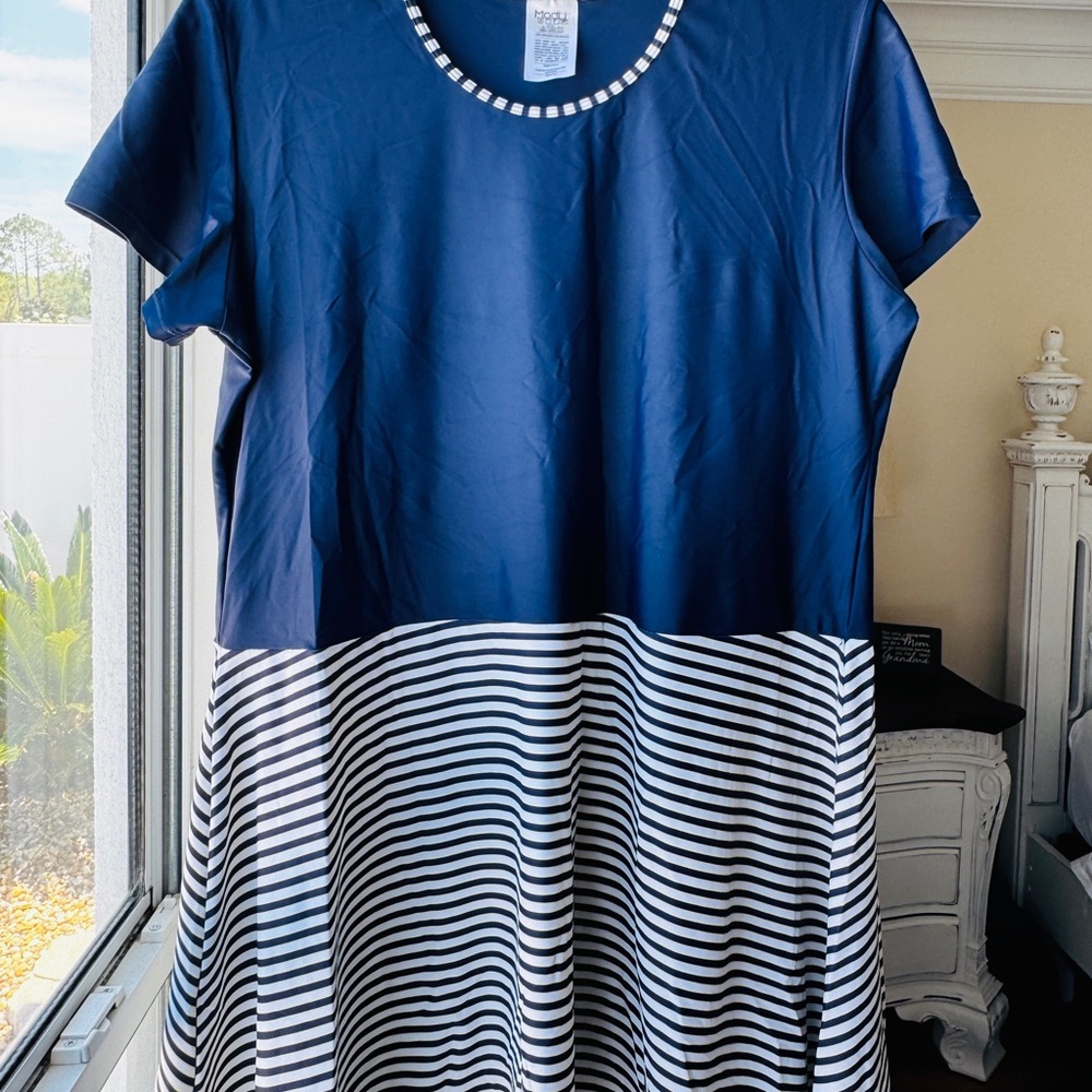 ModLi Navy Blue, White, and Gold Striped Swim Dress